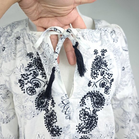 Malvin Hamburg White Linen Paisley Floral Embroidered Tunic Tasseled Top Germany - Picture 6 of 8